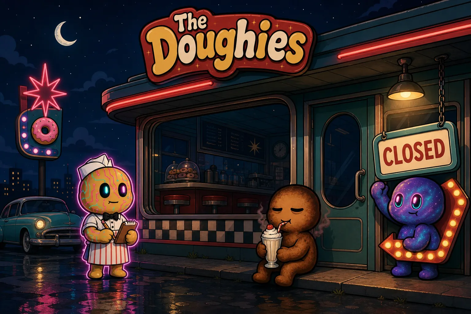 The Doughies kitchen with the lights off and the closed sign up