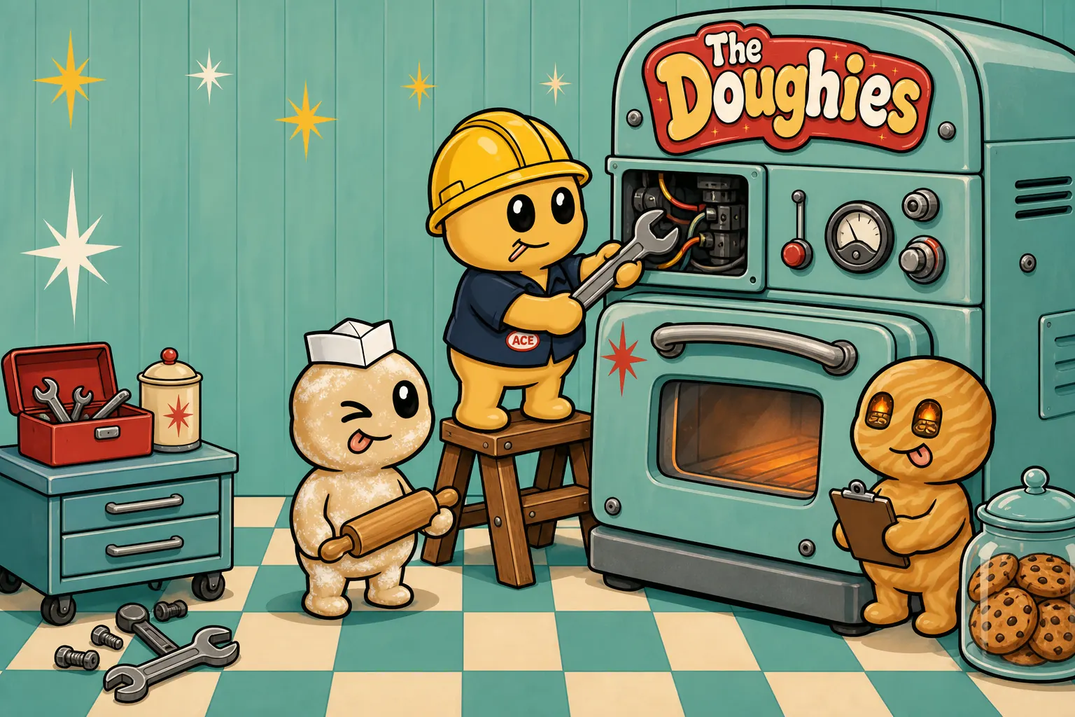 A Doughie tightening bolts on the oven